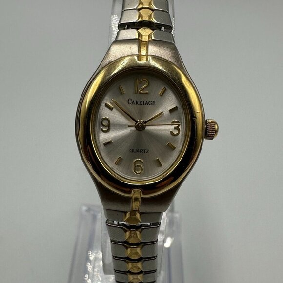 3/$30 Carriage Watch Women Silver Gold Two Tone Oval Stretch Band Works 6.75 " - Picture 1 of 14
